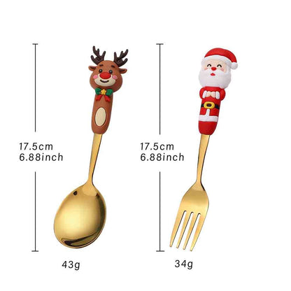4PCS Christmas Cutlery Set Silver Spoon Fork Set Elk Christmas Tree Decoration Dessert Scoop Cake Fork Silverware Coffee Spoon