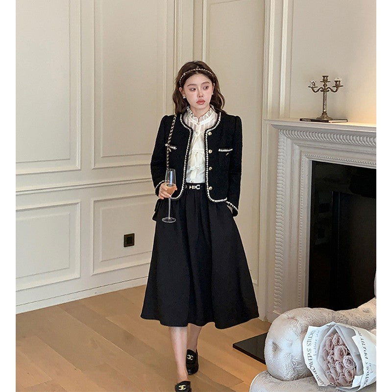 Vintage Cropped Tweed Jackets Women Elegant Black Thicken Coat Korean Single Breasted Blazer Casual Warm Short Outerwear Tops