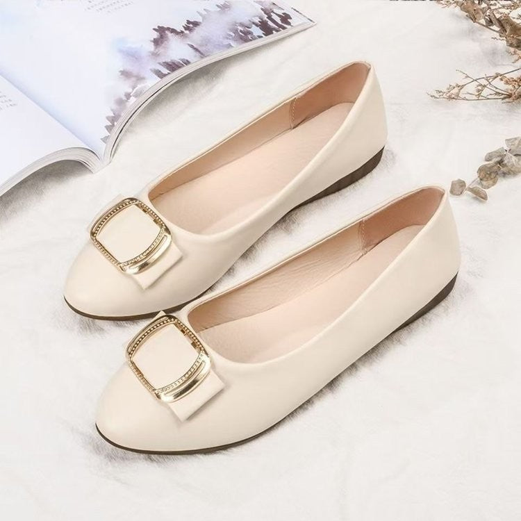 ??2025 Minimalist Square-Buckle Chain Flats Genuine Leather Slip-Resistant Cushioned Mom Loafers