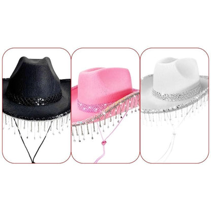 31BB Western Bridal Accessory Rhinestones Studded Tassels Lace Cowboy Hats Panama Hat Photography Props