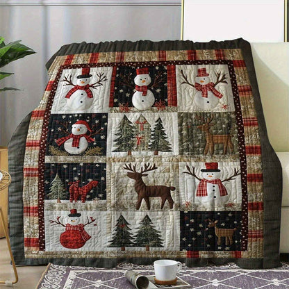 Cozy Christmas Flannel Quilt Throw - Soft Warm 280gsm All-Season Bedspread with Snowman, Reindeer & Cedar Print, Plaid Border