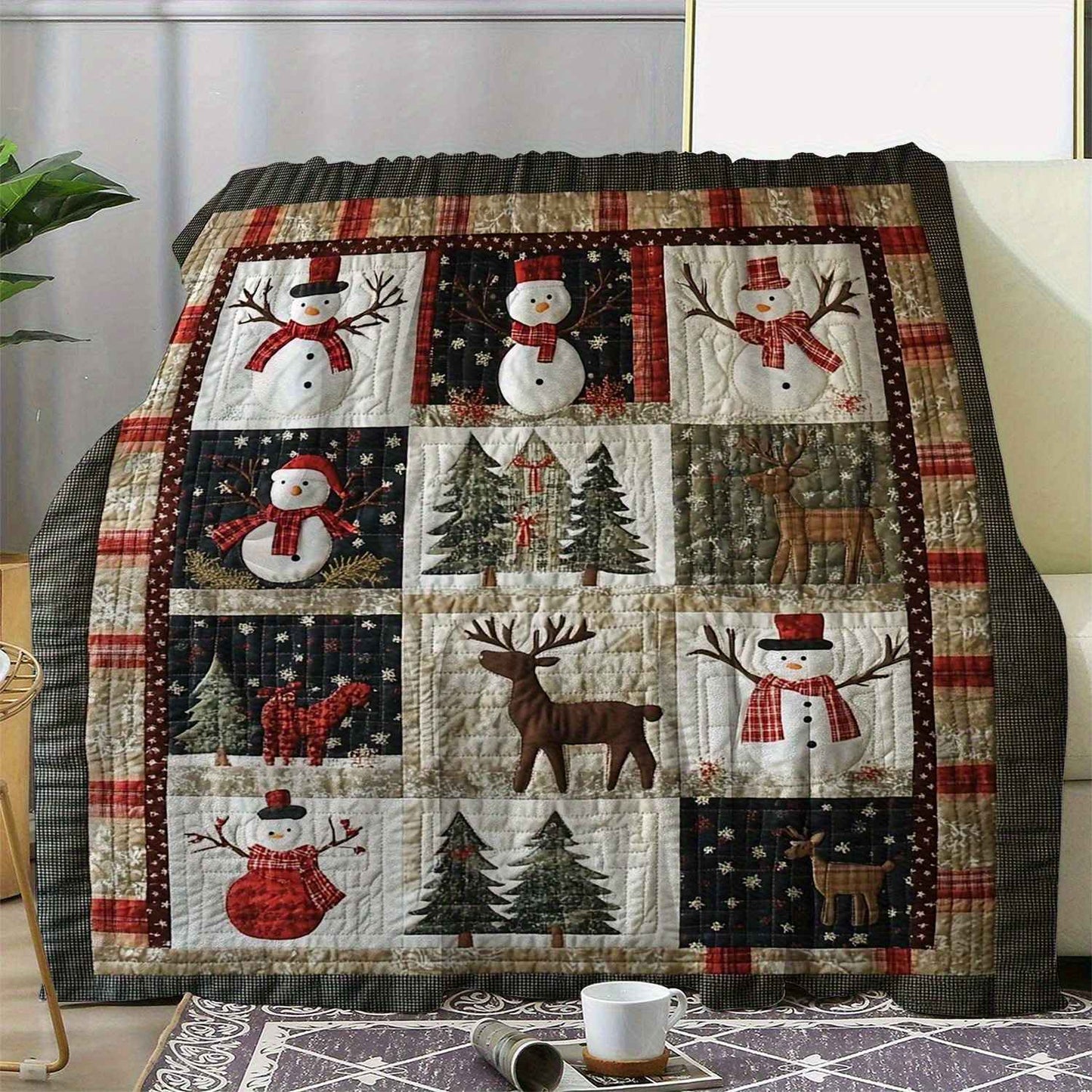 Cozy Christmas Flannel Quilt Throw - Soft Warm 280gsm All-Season Bedspread with Snowman, Reindeer & Cedar Print, Plaid Border