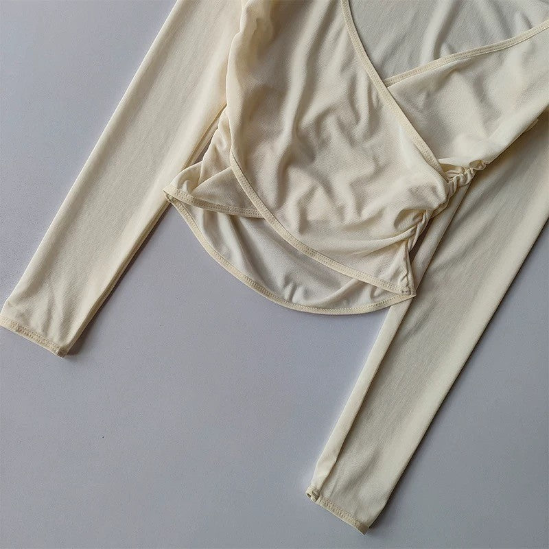 Quick Drying Yoga Sports Top V-Neck Cross Waist Mesh Breathable Fitness Long Sleeve Cover up for Women