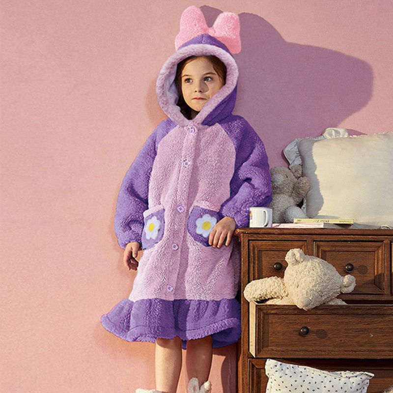 Disney Snow White Kids Hooded Robe Winter Princess Child Thick Keep Warm Long Nightgown Front Button Coral Fleece Soft Bathrobe
