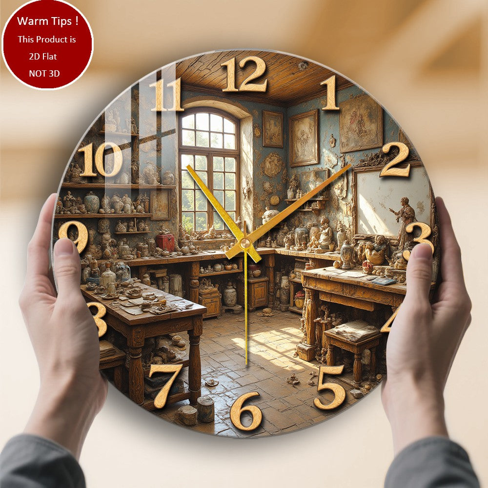 Tempered Glass Wall Clock Antique Studio Interior Scene Suitable For Wall Decor or Tabletop Display Anywhere