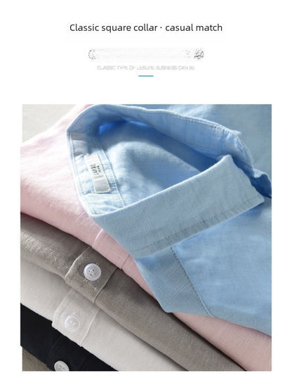 100% Linen Short Sleeve Shirt Men Cotton Linen Clothing Top Casual Summer Half Sleeve Shirt Loose Style Square Collar
