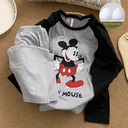 Plus Size Women's Pajamas Set Disney Cartoon Mickey Mouse Plus Size Sleepwear Cute Splice Pajama 2PC Set Nightwear Loungewear