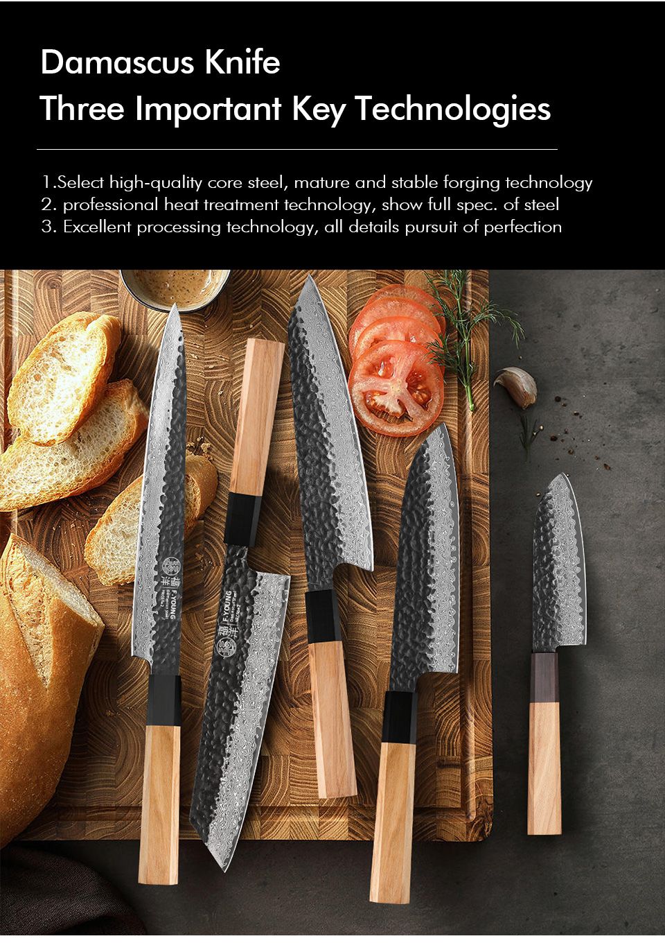 F.YOUNG Damascus Steel Kitchen Knives Japanese Hand Forged Chef Knife Vegetable Slicing Sashimi Utility Kitchen Cooking Tools