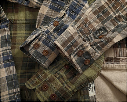 2024 Spring and Autumn New American Retro Woven Plaid Cargo Shirt Men's Simple 100% Cotton Washed Single Pocket Thin Jacket