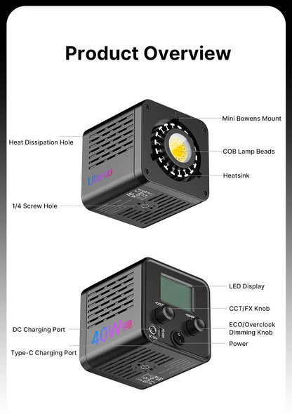 Ulanzi L024 Luz de Vídeo RGB 40W 2500-6500K Bicolor 0-359° Luz COB RGB Mini Montagem Bowens Luz de Preenchimento 3400mAh Luz COB