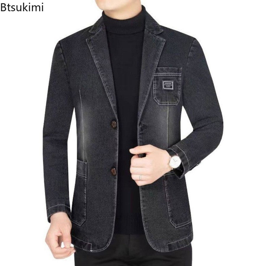 New 2025 Men's Spring Autumn Denim Suit Jacket Suit Collar Jeans Jacket High-end Coat Trend Single West Men Casual  Men Clothing