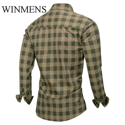 Men's Checked Shirt 2025 Autumn Winter Long Sleeve Quality Cotton Casual Basic Tops Turn-down Collar Relaxed Cargo Shirts