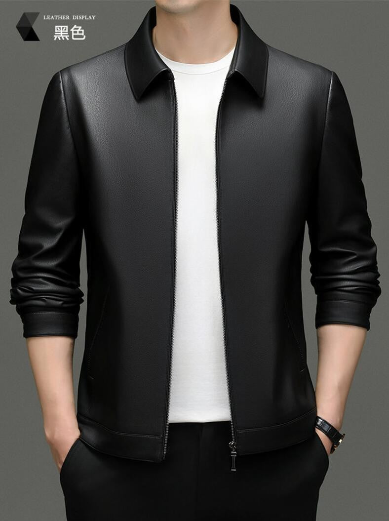 2025 Fall And Winter Models Men's Jacket Lapel Business Casual PU Leather Jacket Thin Thick Black Lake Blue