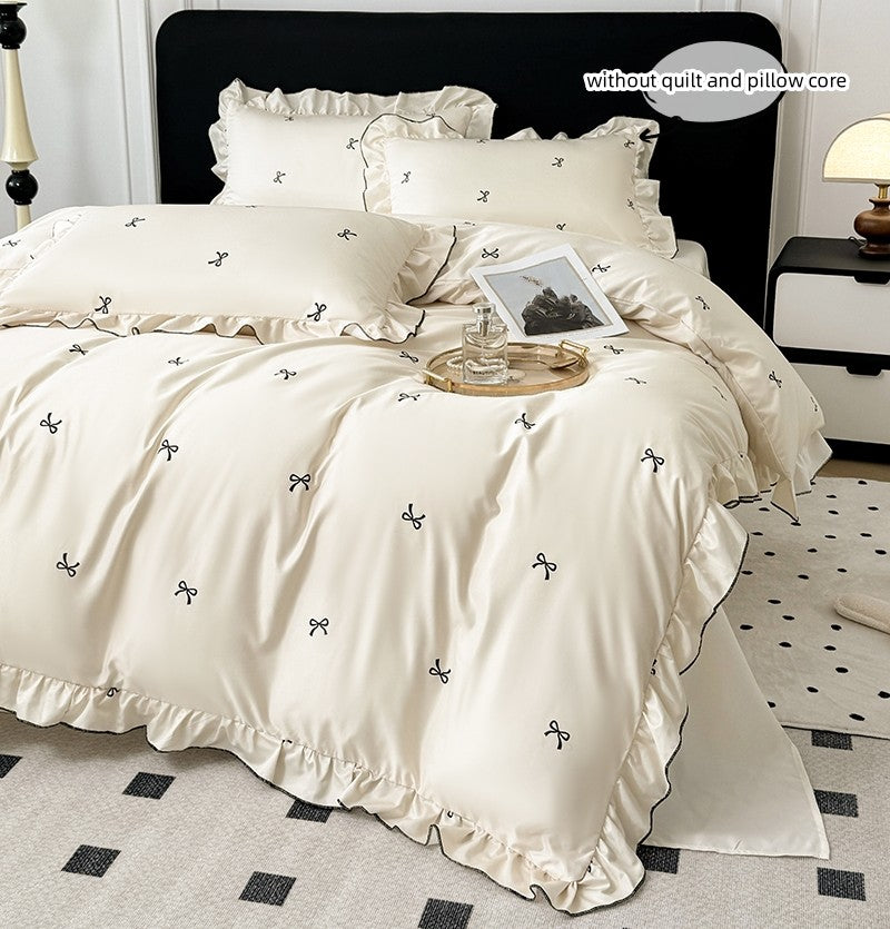 Conjunto de capa de edredom coreana de renda 3 peças (1*Capa de Edredom + 2*Fronhas, Sem enchimento), Conjunto de cama com estampa de bolinhas pretas