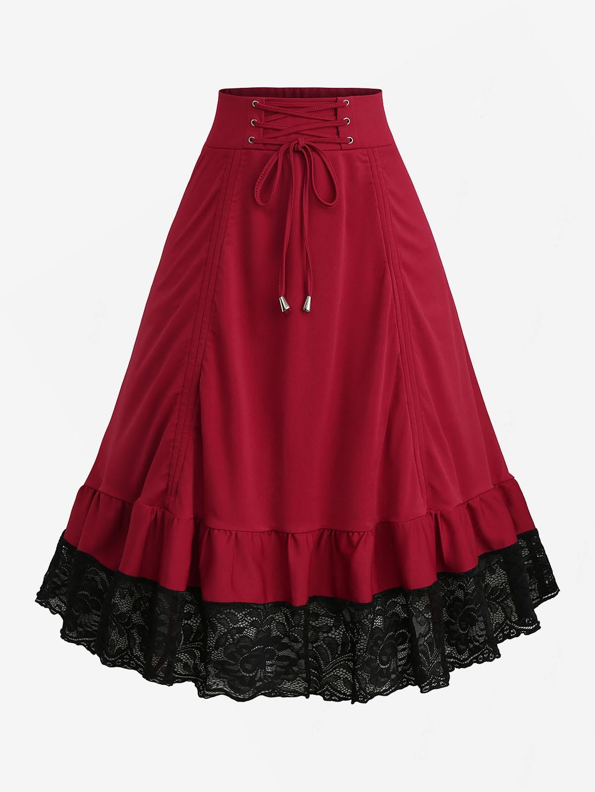 ROSEGAL Plus Size Skirts Women High Elastic Waist Gothic Floral Lace Trim Lace-up Cinched Two Tone Patchwork A Line Skirt