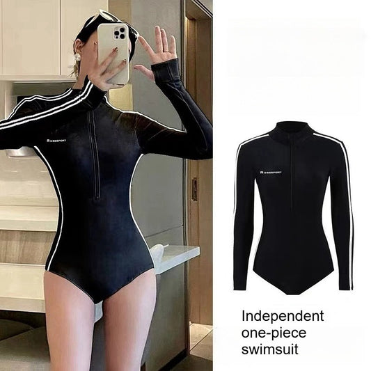 Long Sleeve Swimsuit Women Full Body Wetsuit Front Zip One Piece Bathing Suit with Built in Bra for Wakeboarding Diving Vacation