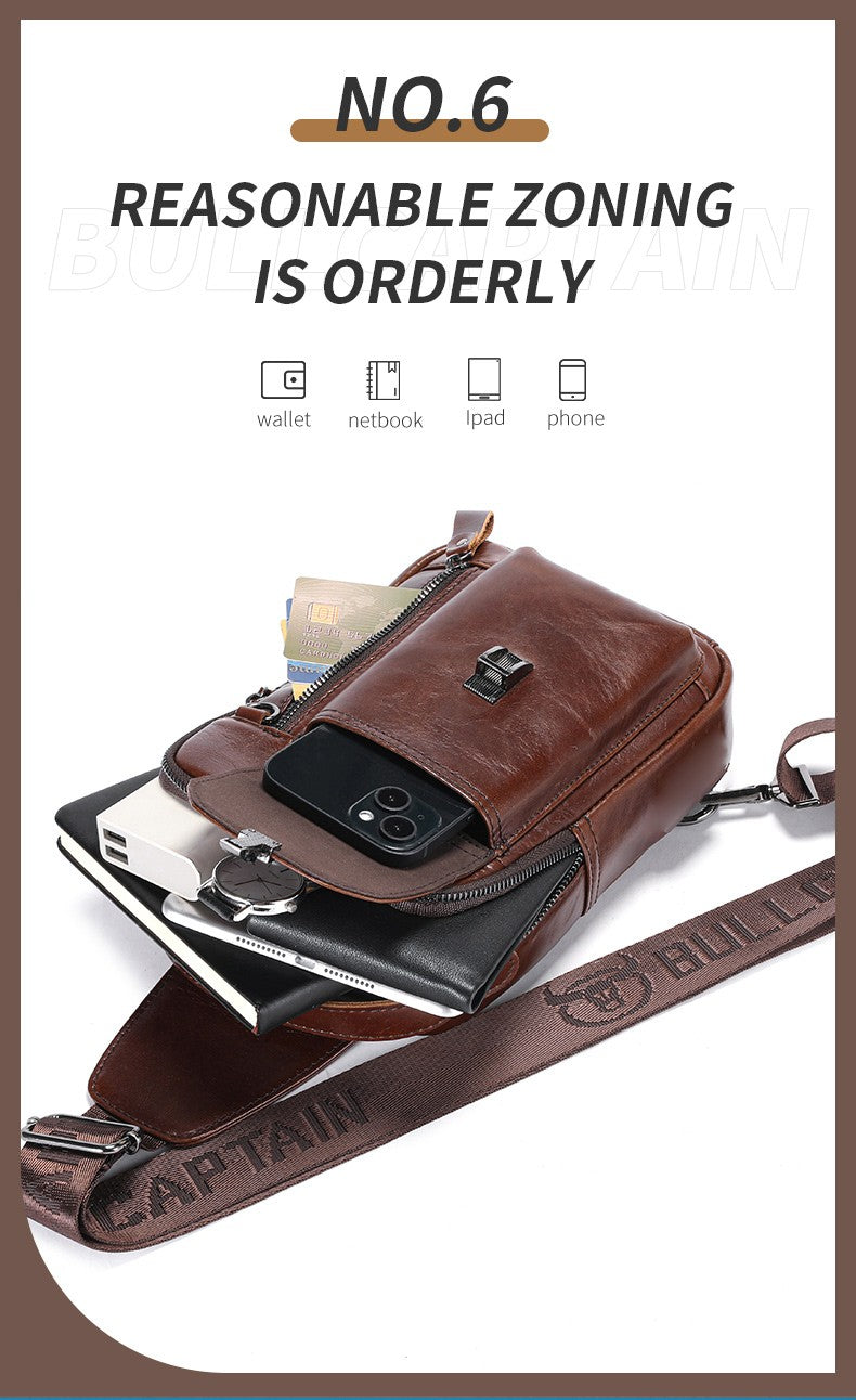 BULLCAPTAIN Men's Genuine Leather Chest Bag Casual Retro 7.9-inch Mobile Phone Bag Multifunctional Anti-Theft Crossbody Bag