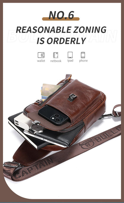 BULLCAPTAIN Men's Genuine Leather Chest Bag Casual Retro 7.9-inch Mobile Phone Bag Multifunctional Anti-Theft Crossbody Bag