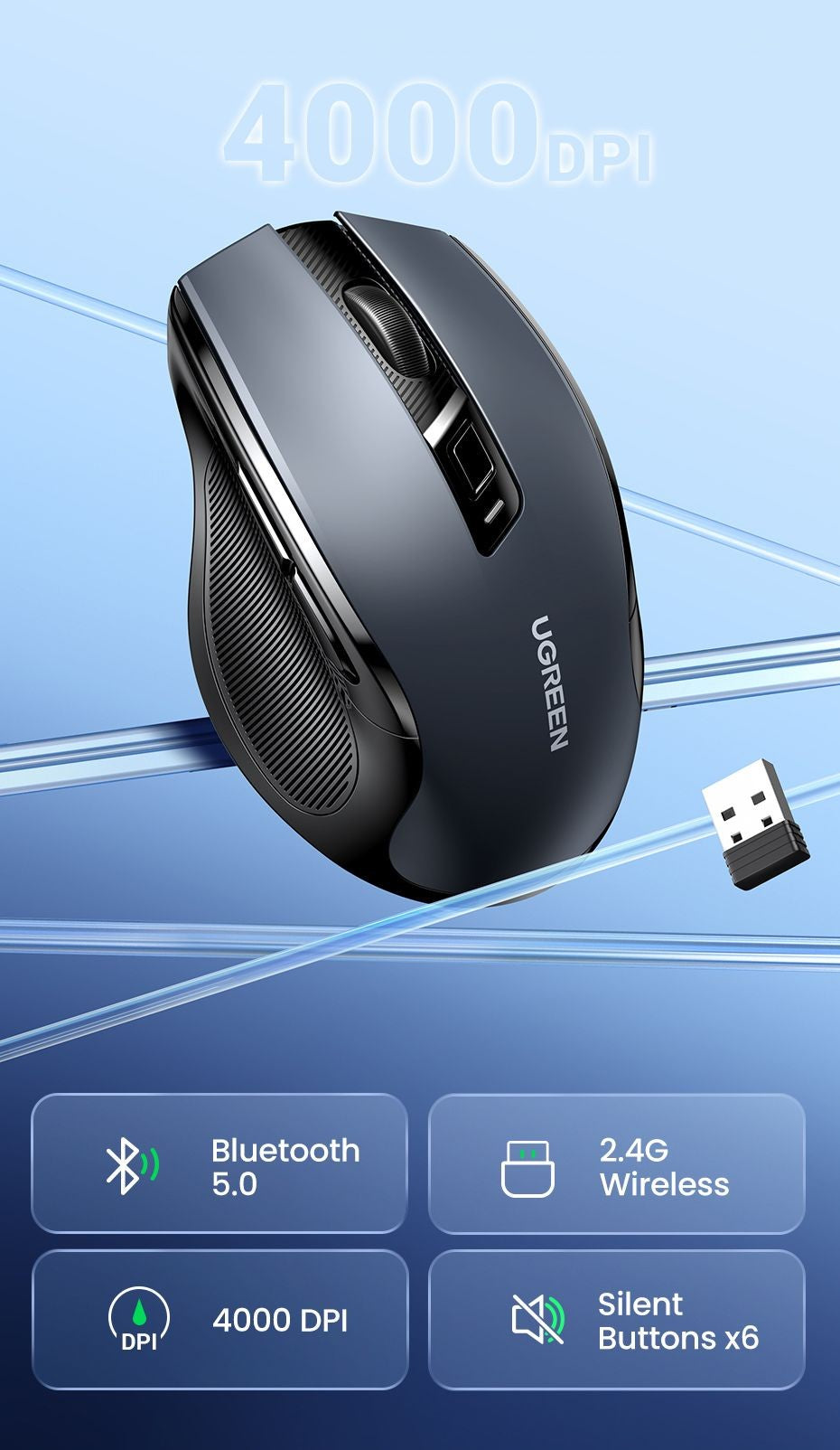 Mouse sem fio UGREEN Bluetooth 5.0 Mouse ergonômico 4000DPI 6 botões silenciosos Mouse para MacBook Tablet Laptops Computador PC 2.4G