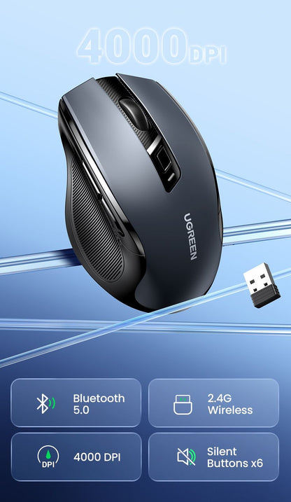 Mouse sem fio UGREEN Bluetooth 5.0 Mouse ergonômico 4000DPI 6 botões silenciosos Mouse para MacBook Tablet Laptops Computador PC 2.4G