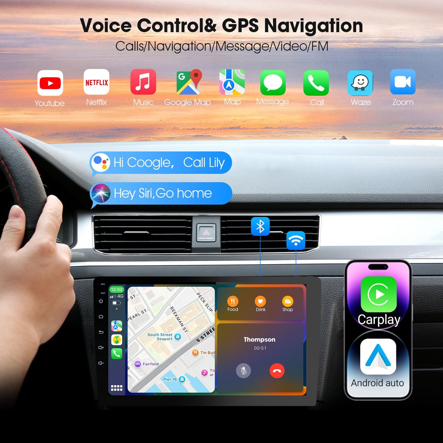 Central Multimídia Automotiva Duplo Din Sem Fio Haudio 10.1" com CarPlay e Android Auto, Rádio Automotivo com BT 4.1/Mirror Link/Câmera de Ré/FM/AM
