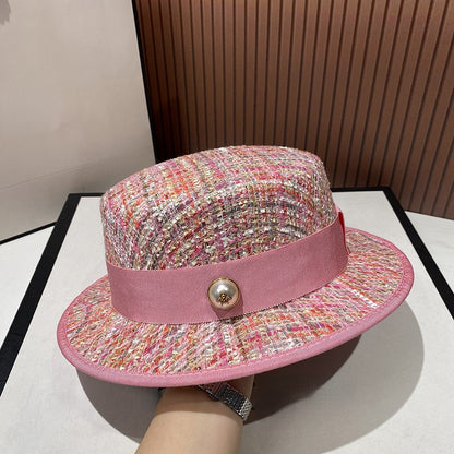 Chapéu jacquard estilo socialite europeia delicado e elegante com pérolas, chapéu de tweed rosa, chapéu de festa feminino da moda