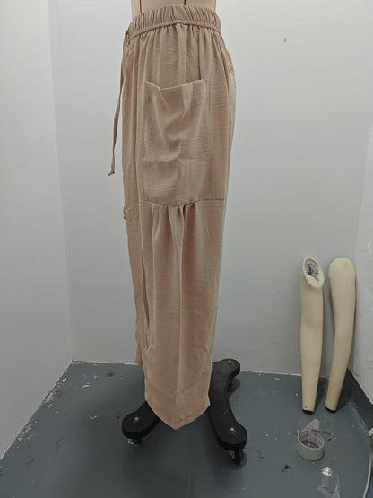 Women's Stretched-waist Pleated High-waisted Wide-leg Trousers Spring Autumn Fashion Cotton Linen Pocket Casual Trousers Woman