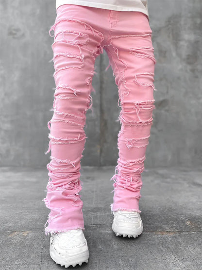 Calça Jeans Masculina Regular Fit Stacked Rasgada Slim Fit Remendada Destruída Reta Jeans Hip Hop Streetwear