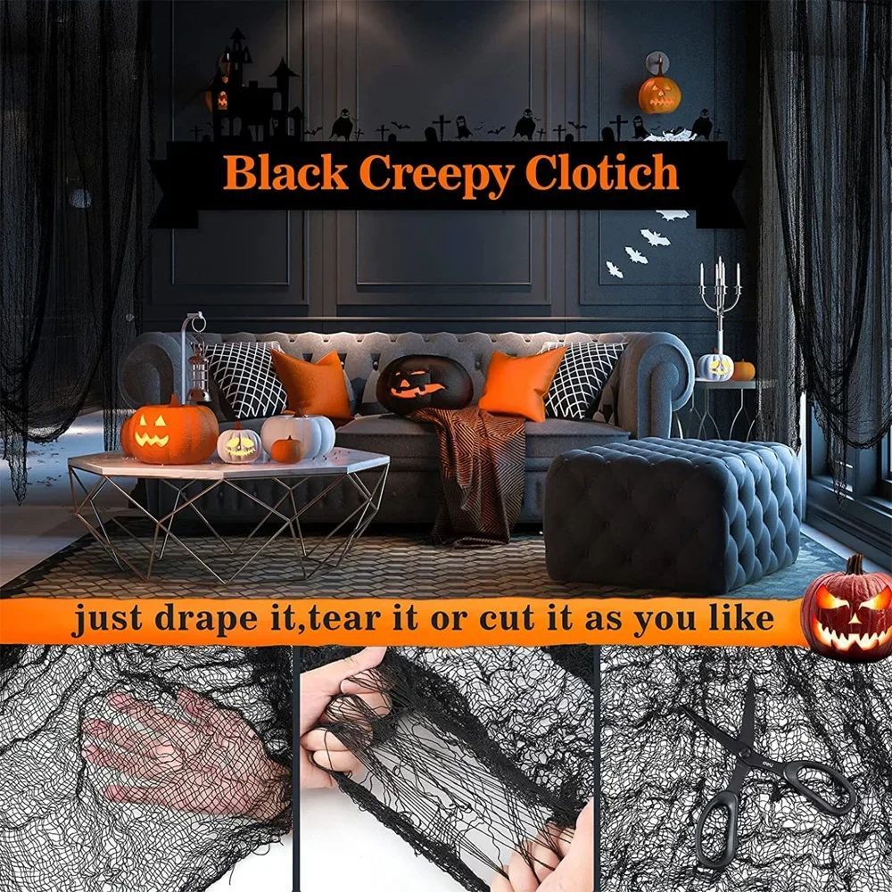 Decorações de Gaze Horripilantes de Halloween para Casa Assombrada com Teia de Aranha Preta Manchada de Sangue para Interiores Assustadoras para Pendurar no Corredor