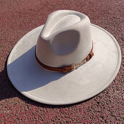 Suede fedora hat with same color accessories teardrop top wide brim hat for men and women Panama hat chapeau homme   sombrero