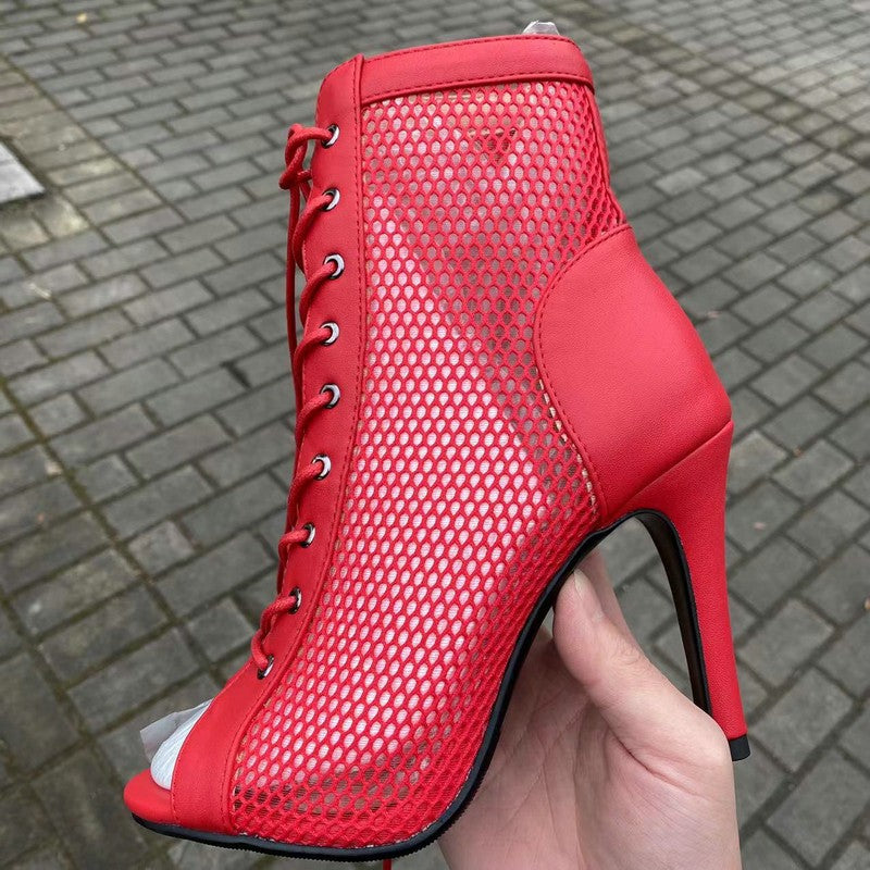 Novas Sandálias Femininas de Salto Alto Sexy Vazadas em Tela Tendência da Moda Verão Conforto Peep Toe Botas Stilettos Jazz Dance Tamanhos Grandes