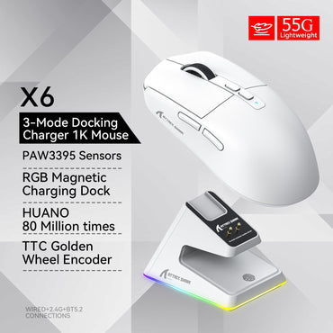 Attack Shark X6 PAW3395 Bluetooth Mouse,2.4 Tri-Mode Connection, RGB Touch Magnetic Charging Base, Macro Gaming Mouse