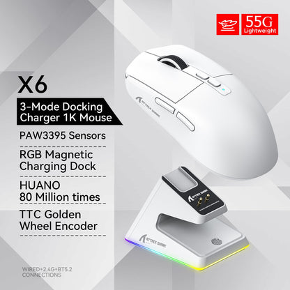 Attack Shark X6 PAW3395 Bluetooth Mouse,2.4 Tri-Mode Connection, RGB Touch Magnetic Charging Base, Macro Gaming Mouse