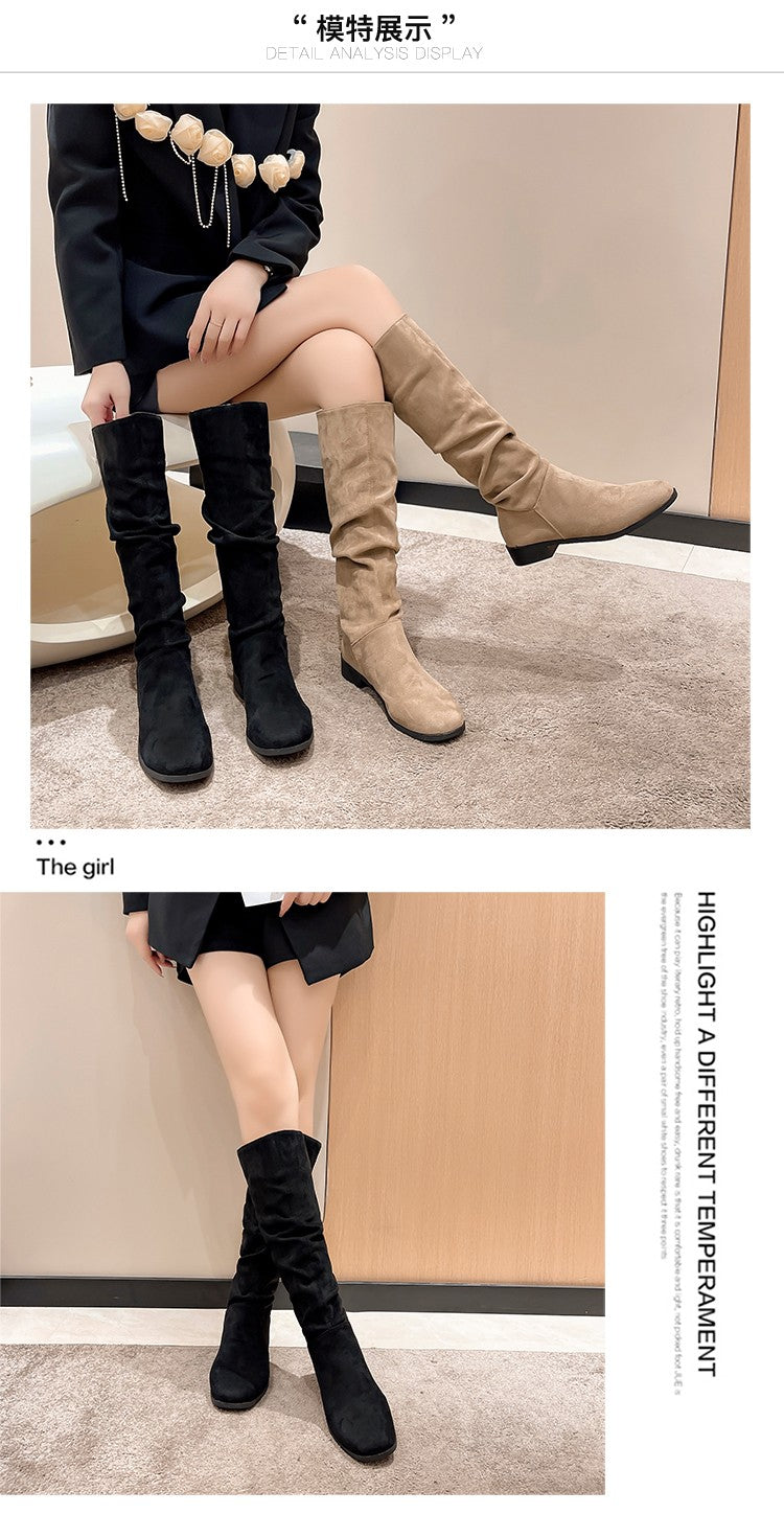 Pleated Boots Women Faux Suede Flock Knee High Boots 2024 Winter Women Fashion Slip on Square Low Heel Knight Booties Mujer 202