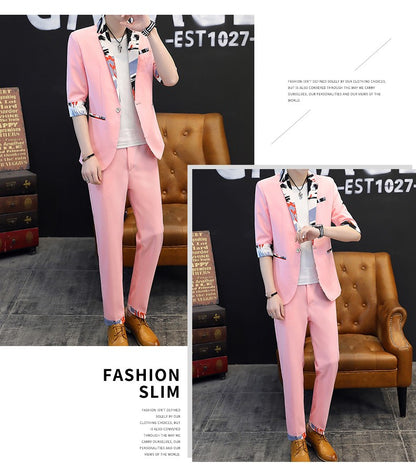 Summer 2025 Korean Slim Fit Short Sleeve Suit Casual Thin British Style Seven-Point Mid-Sleeve Suit for Men