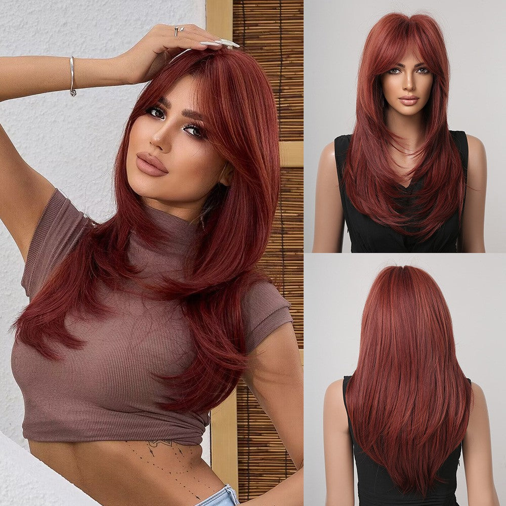 Peruca de cobertura total, peruca rosa gradiente marrom escuro, peruca de cabelo liso com franja, adequada para o role-playing diário feminino,