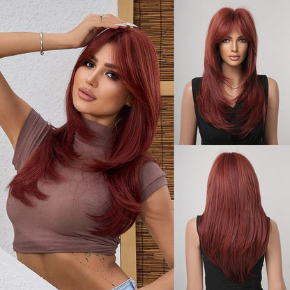 Peruca de cobertura total, peruca rosa gradiente marrom escuro, peruca de cabelo liso com franja, adequada para o role-playing diário feminino,