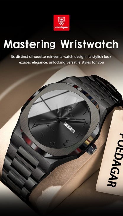 POEDAGAR Fashion High Quality Men Clock Date Week Waterproof Watch For Man Quartz Stainless Steel Luxury Men's Watches Reloj+Box