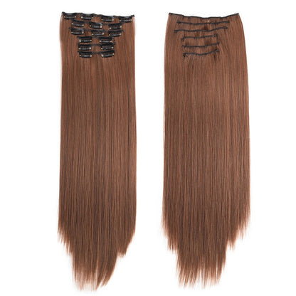 16 Presilhas em Apliques de Cabelo 60cm de Comprimento Liso Penteado Sintético Loiro Preto Perucas Resistente ao Calor Cabelo Falso 6Pçs/Conjunto