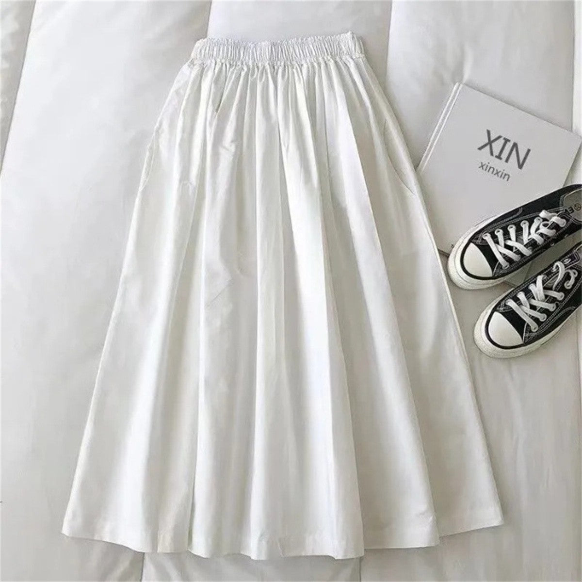 Women Solid Long Skirt Fashion Pockets Pleated Knee Length Skirts Autumn 2025 New Casual Elegant High Waist A Line Femme Skirts