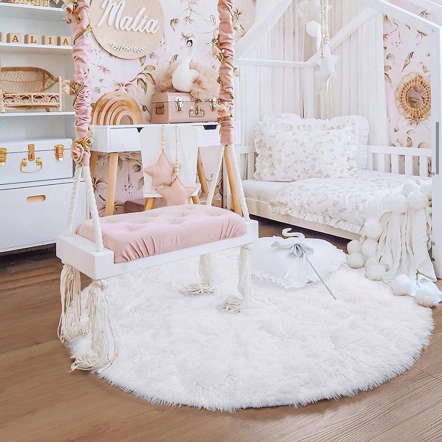 Pink Round Rug for Girls Bedroom,Fluffy Circle Area Rug for Kids Room,Furry Shaggy Carpet for Living Room100/120/140/160