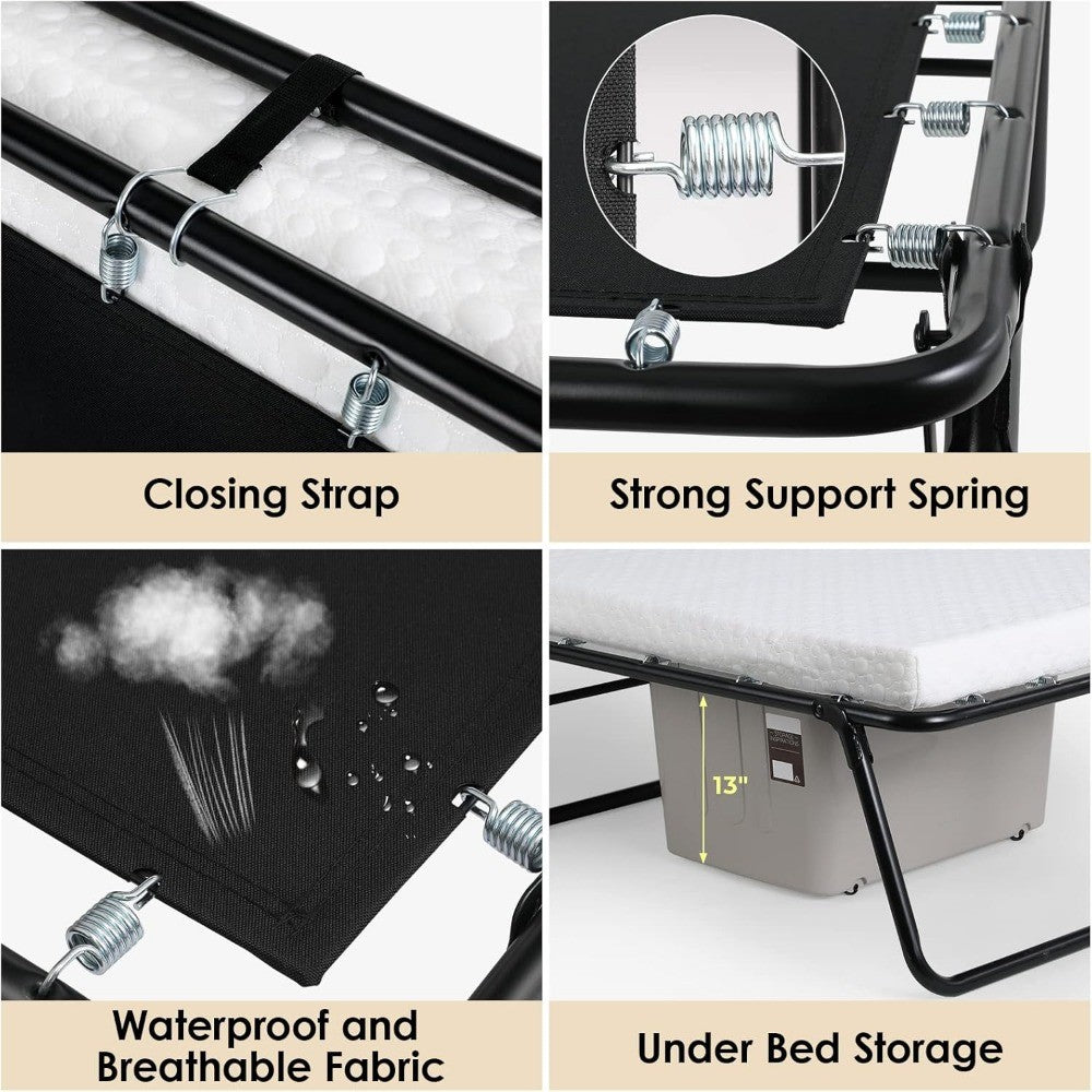 Rollaway Bed with Mattress for Adults,Foldable Bed,Portable Bed,Metal Bed Frame with Memory Foam Mattress, Guest Bed for Bedroom