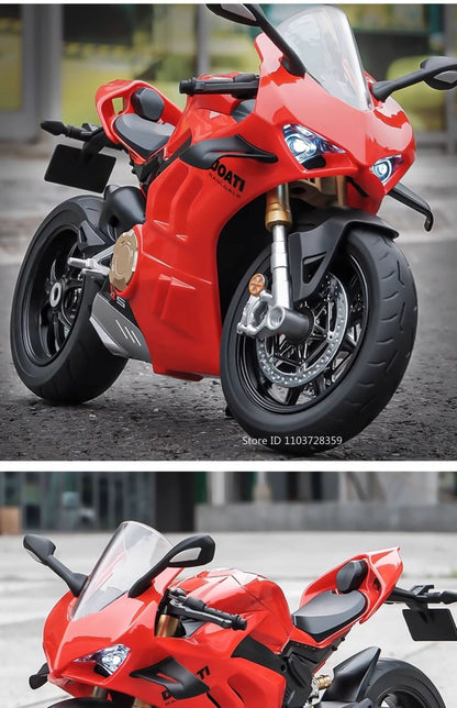 Modelos de motocicleta em miniatura 1:9 Scale 1299 V4S Brinquedos de motocicleta de liga leve com som, luz e absorção de choque, motocicletas de ornamento para presentes infantis