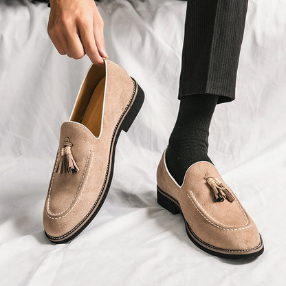New Fashion Tassel Leather Men Shoes Slip On Loafers Round Toe Patchwork Suede Dress Shoes Man Daily Wedding Party Shoes for Man