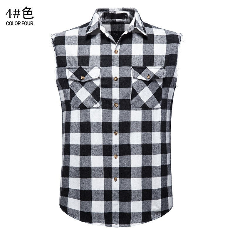 Men's Casual Flannel Plaid Sleeveless Shirt New Double Pocket Cowboy Button Down Shirts Men Cotton Plus Size Vest Checkered Top
