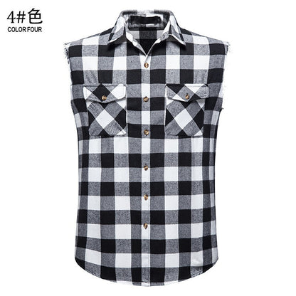 Men's Casual Flannel Plaid Sleeveless Shirt New Double Pocket Cowboy Button Down Shirts Men Cotton Plus Size Vest Checkered Top