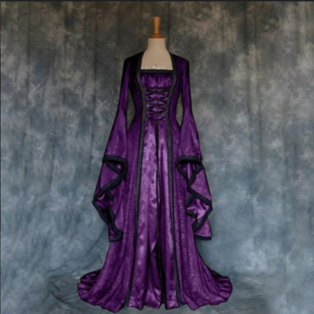 Halloween Cosplay Women Vintage Gothic Medieval Court Dress Flared Long Sleeve Floor Length Gown For Theme Stage Cosplay Show