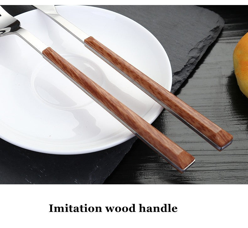 Conjunto de Talheres de Aço Inoxidável com Cabo de Madeira Falsa 16 Peças, Prendedor de Louça, Talheres Ocidentais, Faca Garfo Colher de Chá, Prateados