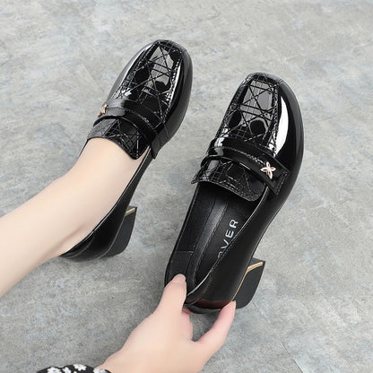 4.5cm British Style Deep Mouth Block Heels Shoes Women Loafers Bright Leather 2024 Spring Soft Leather Shoes for Office Mom