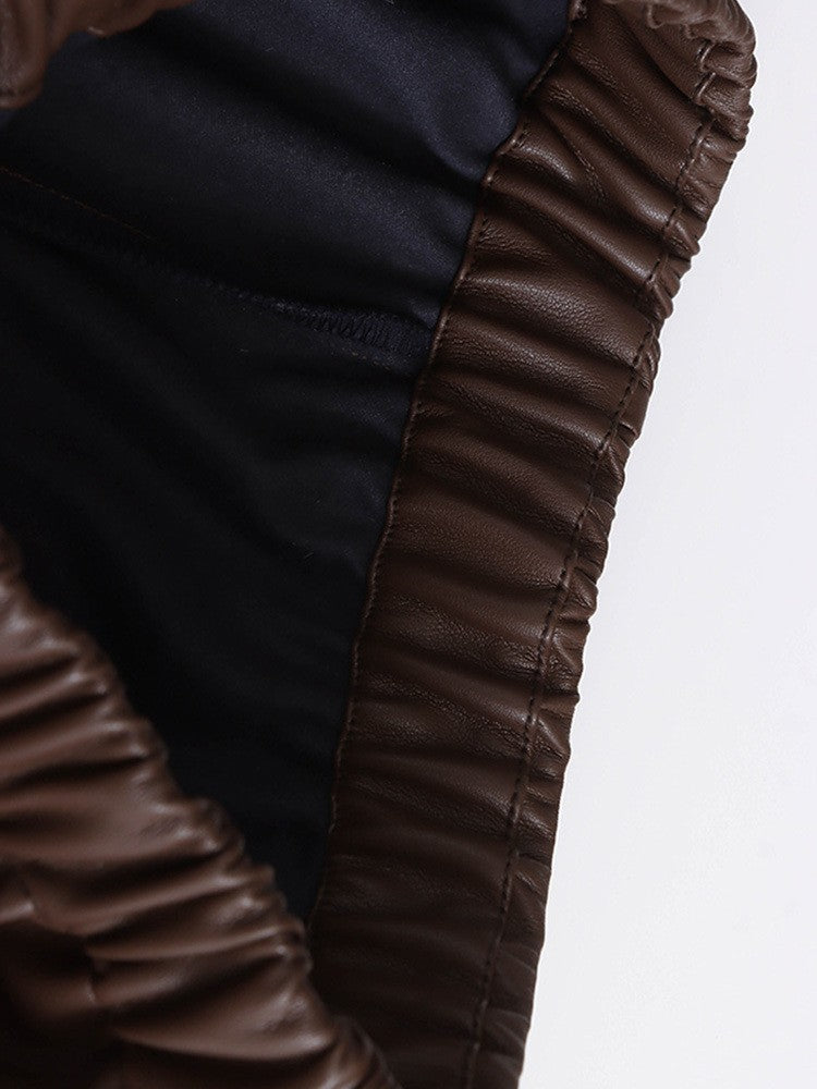 High Elastic Waist Coffee Pu Leather Long Wide Leg Pants New Trousers Women Fashion Tide Spring Autumn